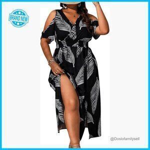 Tropical Print Cold Shoulder A-Line Dress Boho Chic Vacation Summer Wear